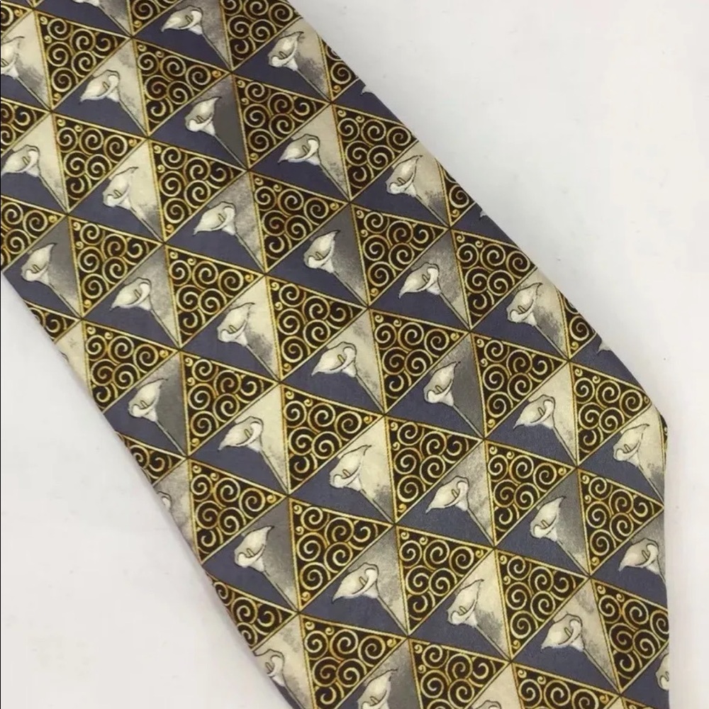 Lanvin Paris Men Neck Tie Diamond Floral Gray Made In France 100% Silk